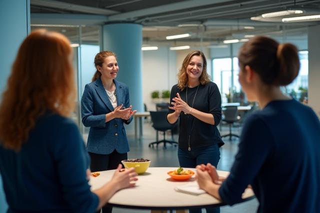 A group of employees participating in a fun and engaging corporate wellness workshop in a modern office space, led by a wellness coach.