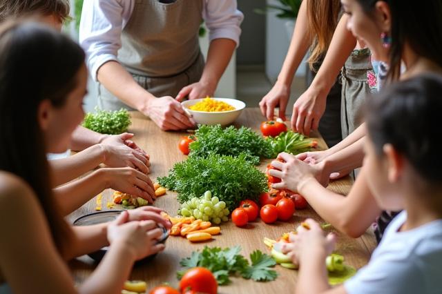 A vibrant workshop setting with participants actively engaging in hands-on activities related to healthy cooking and mindful eating.