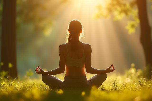 A serene person practicing meditation in a peaceful, sunlit environment, representing stress management techniques.
